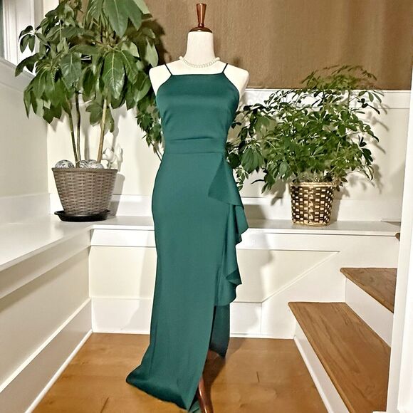 Formal Dress Long Size S Hunter green Spaghetti Straps Ruffle Prom Wedding EUC - Picture 1 of 8